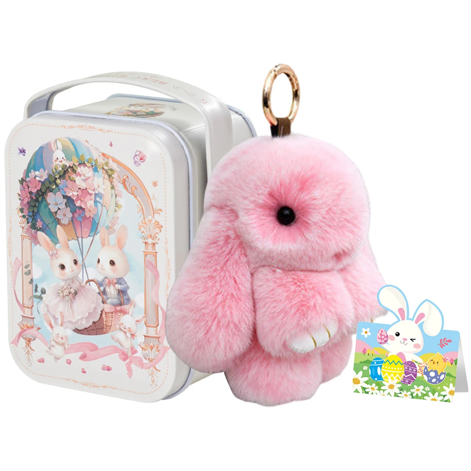 Cute Soft Fuzzy Bunny Keychain Tin Box Wishes Card Lucky Keychains