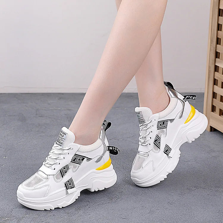 White Hidden Wedge Chunky Sneakers Women Block Mesh Upper Lace Up Zpaxo