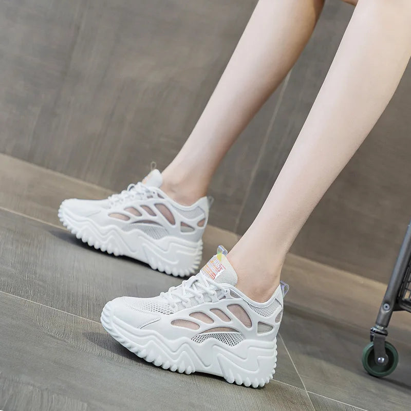 Black Leather Chunky Dad Sneakers Women Lace Up Design Round Toe Non Zpaxo