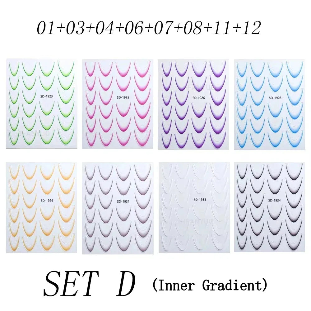 French Gradient Line Nail Art Stickers 3D Self-Adhesive White+Black Slider Design Nail Tip Stencil Manicure Guide DIY Nail Decor Zpaxo D Set-Inner Gradient