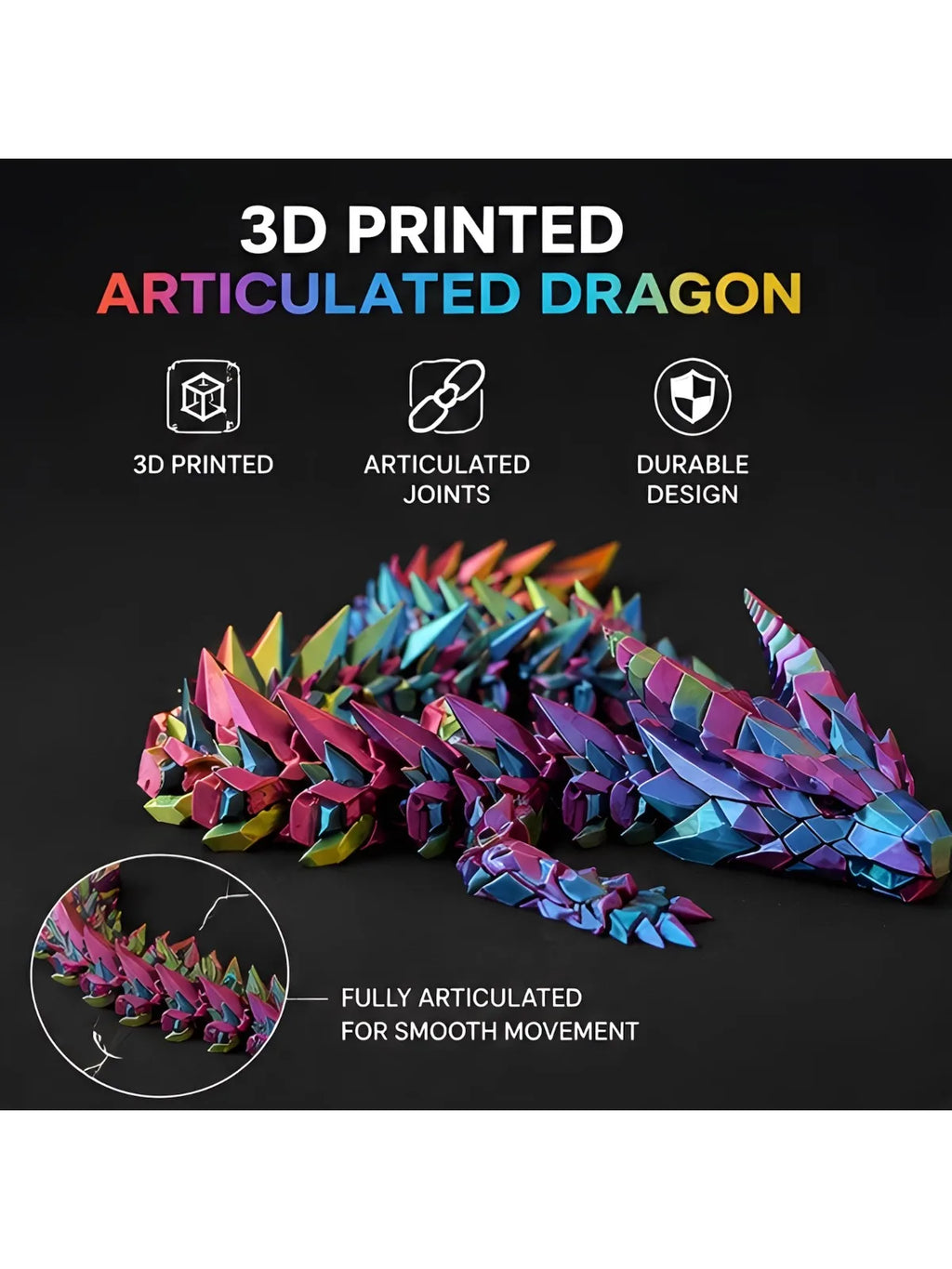3D Printed Articulated Dragon Flexi Fidget Toy Posable Crystal Desk