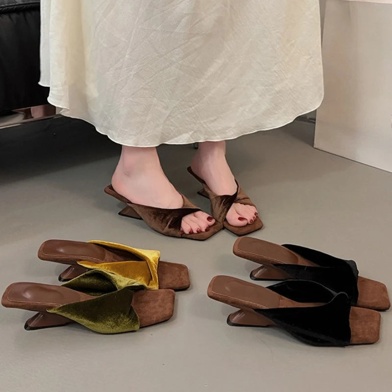 Women's Square Open Toe Vintage Comfortable Heel Slippers Women Zpaxo