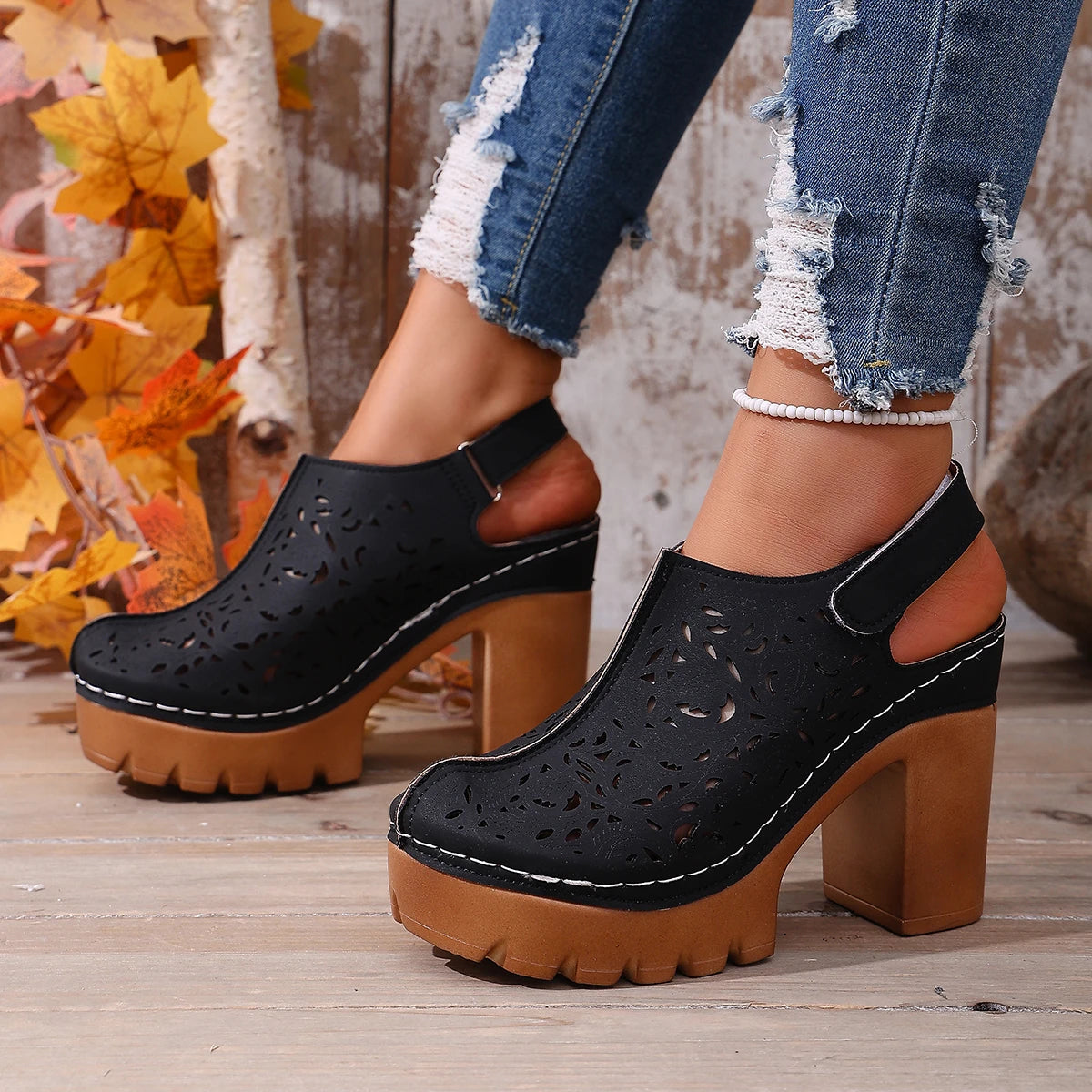 Large Size Women Thick Heel Sandals 2026 New Roman Style Shoes Trend Leather Sandals Hollow Breathable Toe-cap Shoes for Women Zpaxo