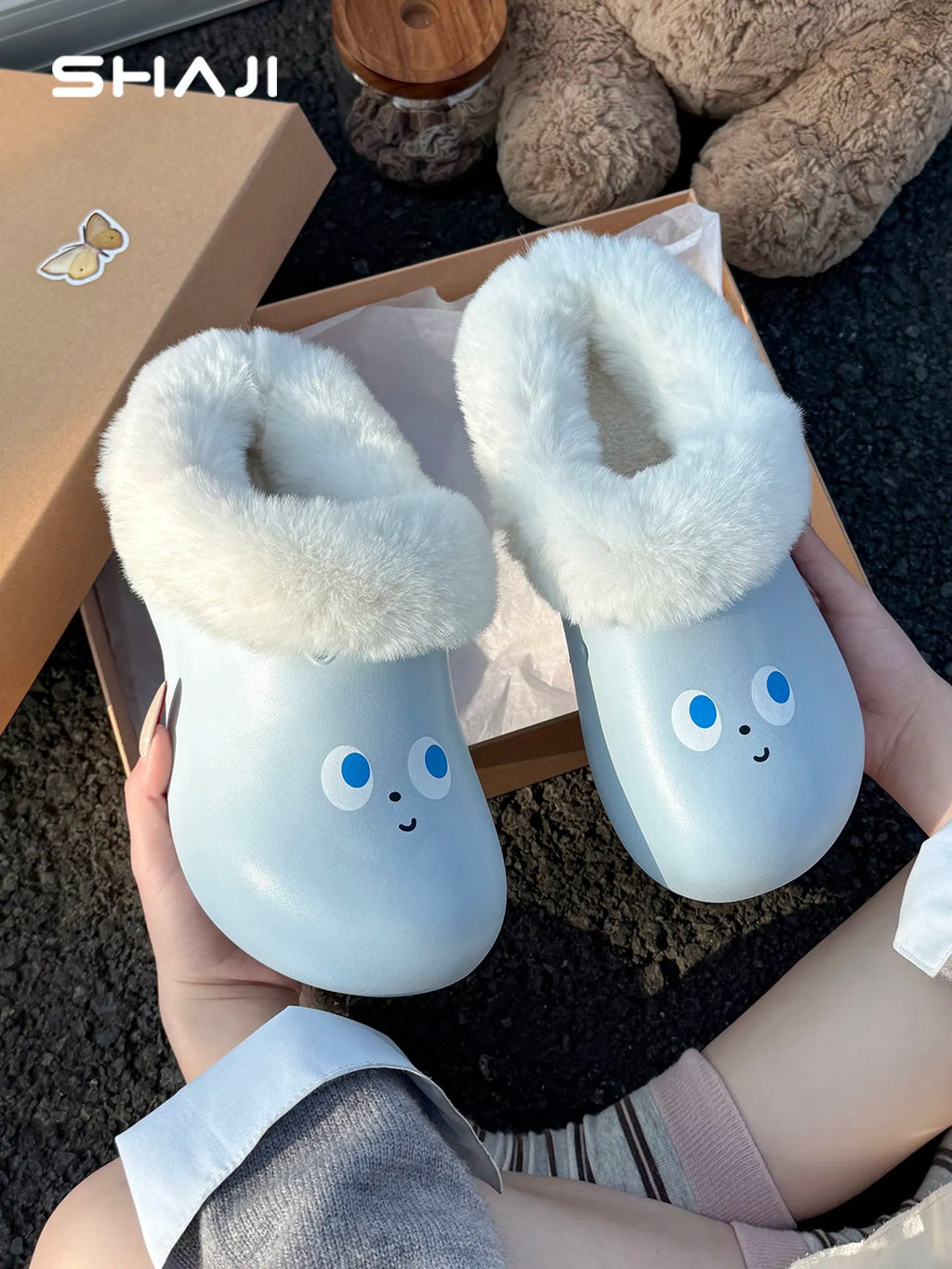 SHAJI Women 2026 Smiley Face Waterproof Winter Slippers Closed Back