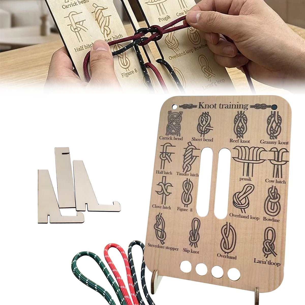 Wooden Knot Tying Practice Board – 16 Knots & 3 Paracords