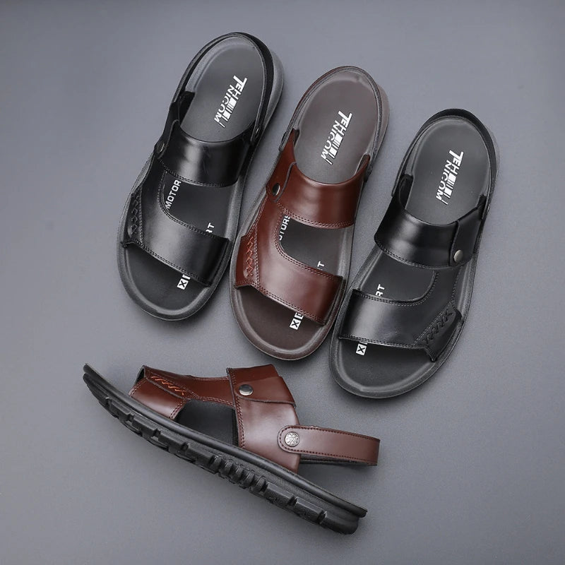 Mens Leather Summer Sandals Breathable Beach Shoes Soft Bottom Casual Zpaxo