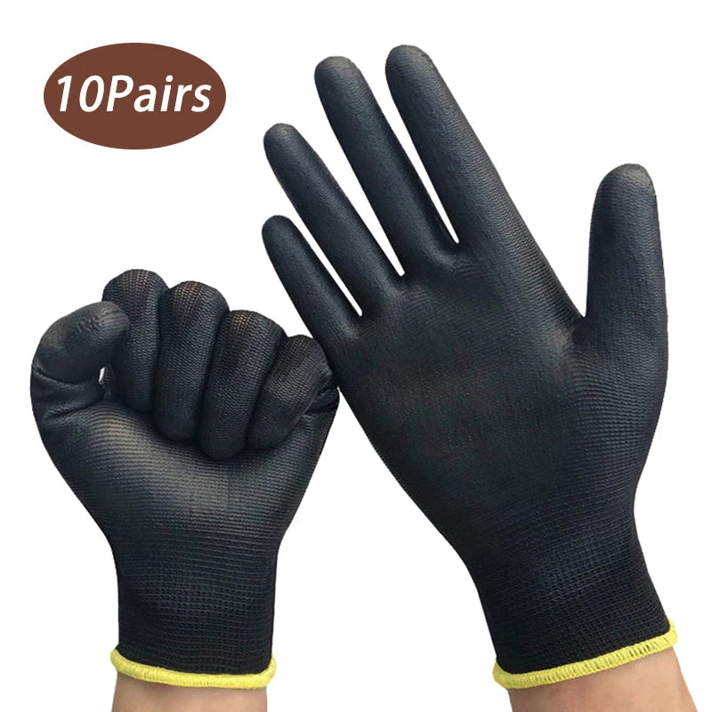 10pairs Safety Coating Work Gloves Hand Protect PU Nylon Antiskid Dust-Proof Gloves For Carpenters Garden Work Palm Coated Glove Zpaxo