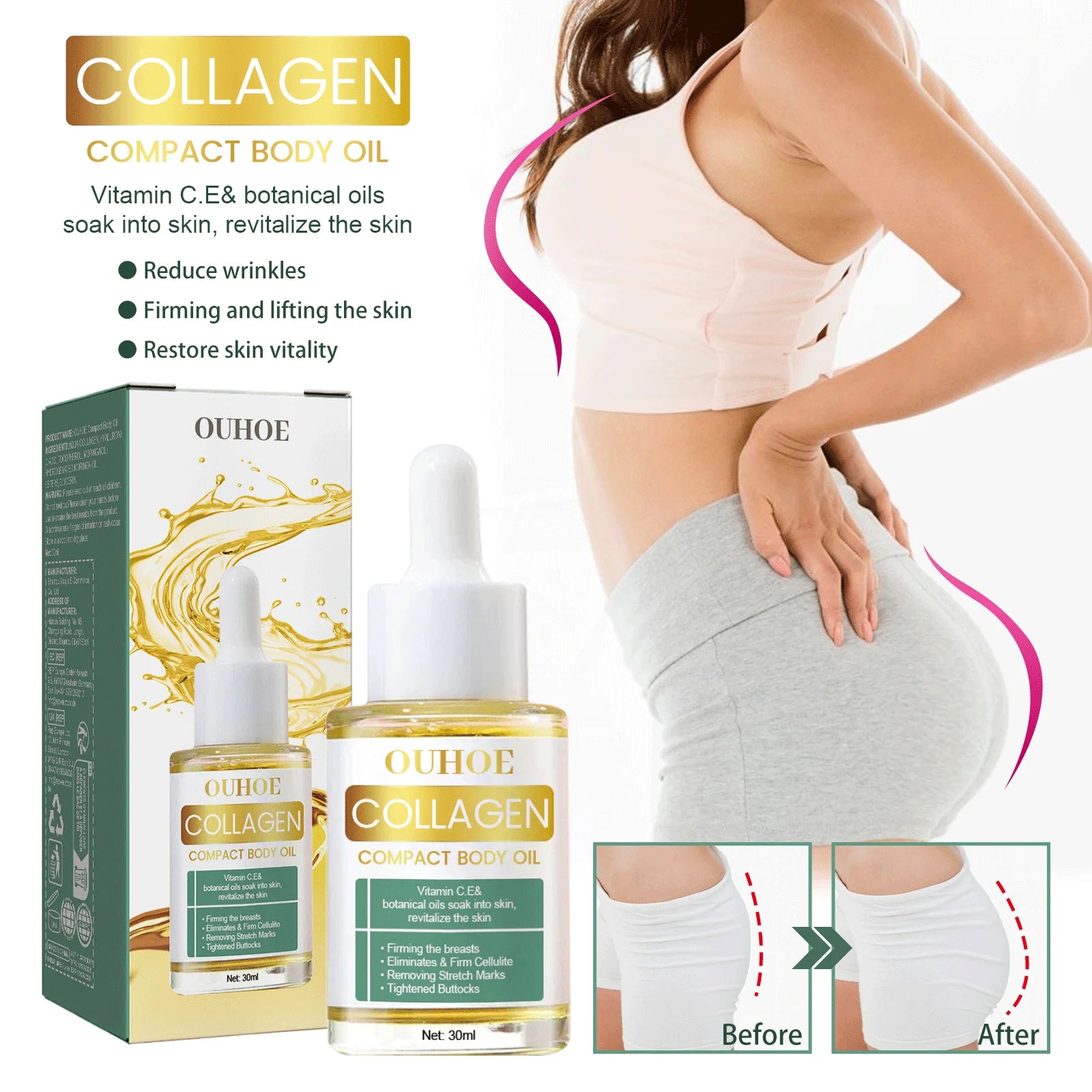 Ouhoe Collagen Body Oil for Skin Tightening and Firming Anti Stretch Mark Massage Oil for Belly Thighs Butt Body Sculpting 30ml Zpaxo