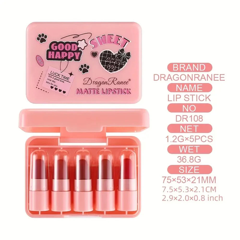 Five-Piece Lipstick Set with Long-Lasting Effect, Brightening and Complexion-Enhancing, Autumn and Winter Matte Velvet Finish, Non-Fading, Non-Stick Cup Lipstick Set Zpaxo