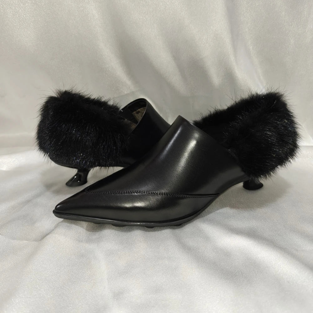 Fur Women Luxury Heeled Shoes Pointed Toe Fashion Dress Pumps Autumn