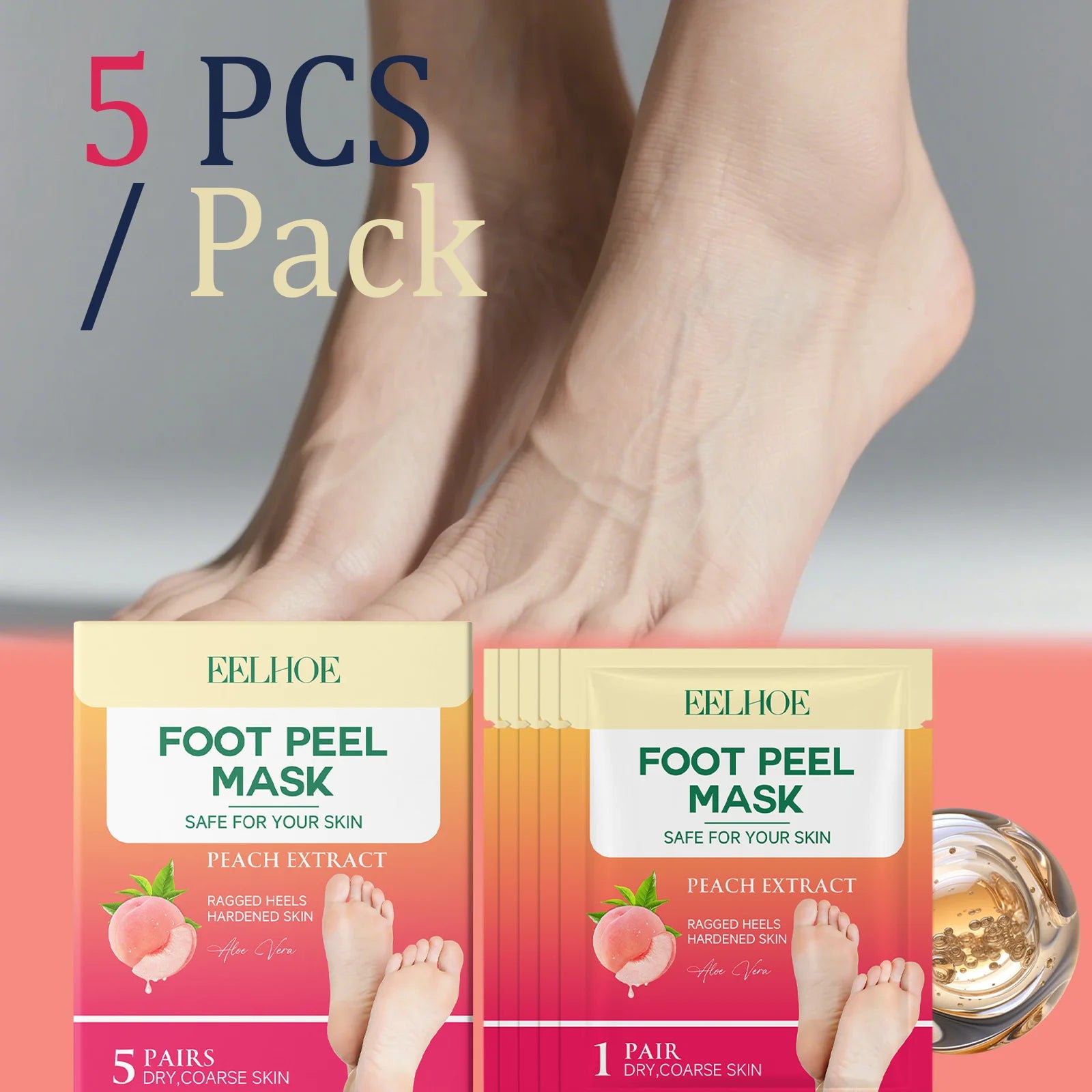 5 Pairs Peach Scented Foot Mask Heavy Moisturizer for Dry & Cracked Heels Callus Remover Socks for Soft Smooth Feet at Home Zpaxo