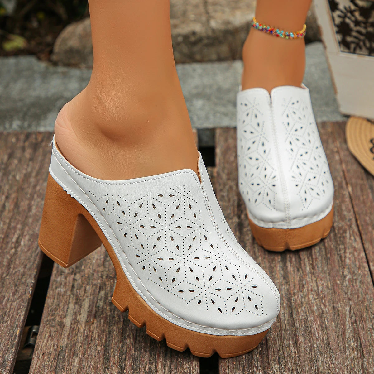 2025 Women High Heels Sandals Cover Toe Thick Heel Slippers Retro Round Toe Mules Shoes Women Comfortable Lightweight Sandals Zpaxo WHITE 43