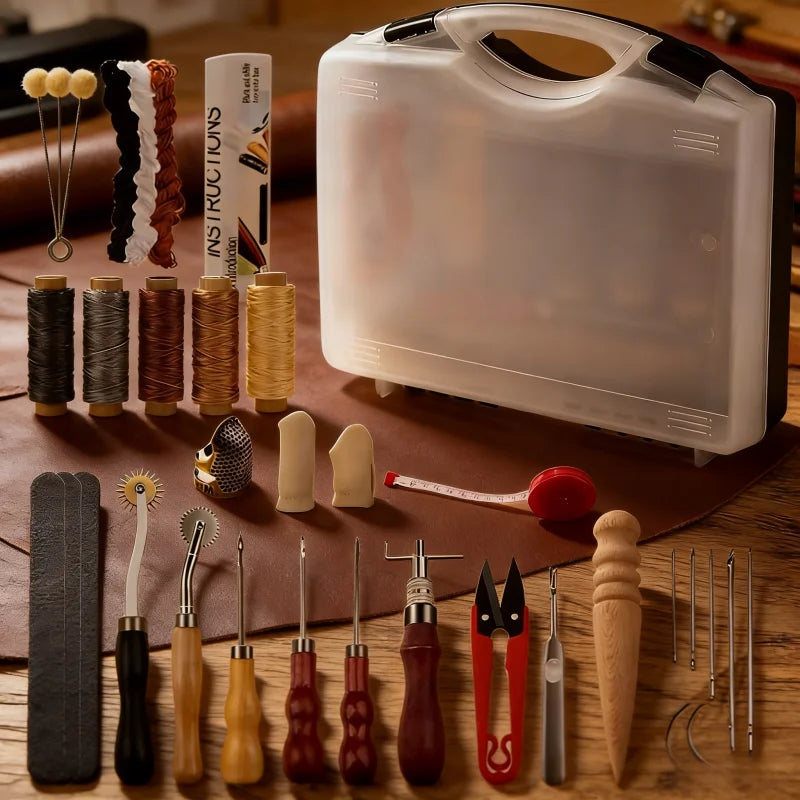 Leather Craft Tool Kit Leather Hand Sewing Repair Kit Stitching Punch Carving Work Groover Set DIY Tool Set Professional Zpaxo Leather Tool Set