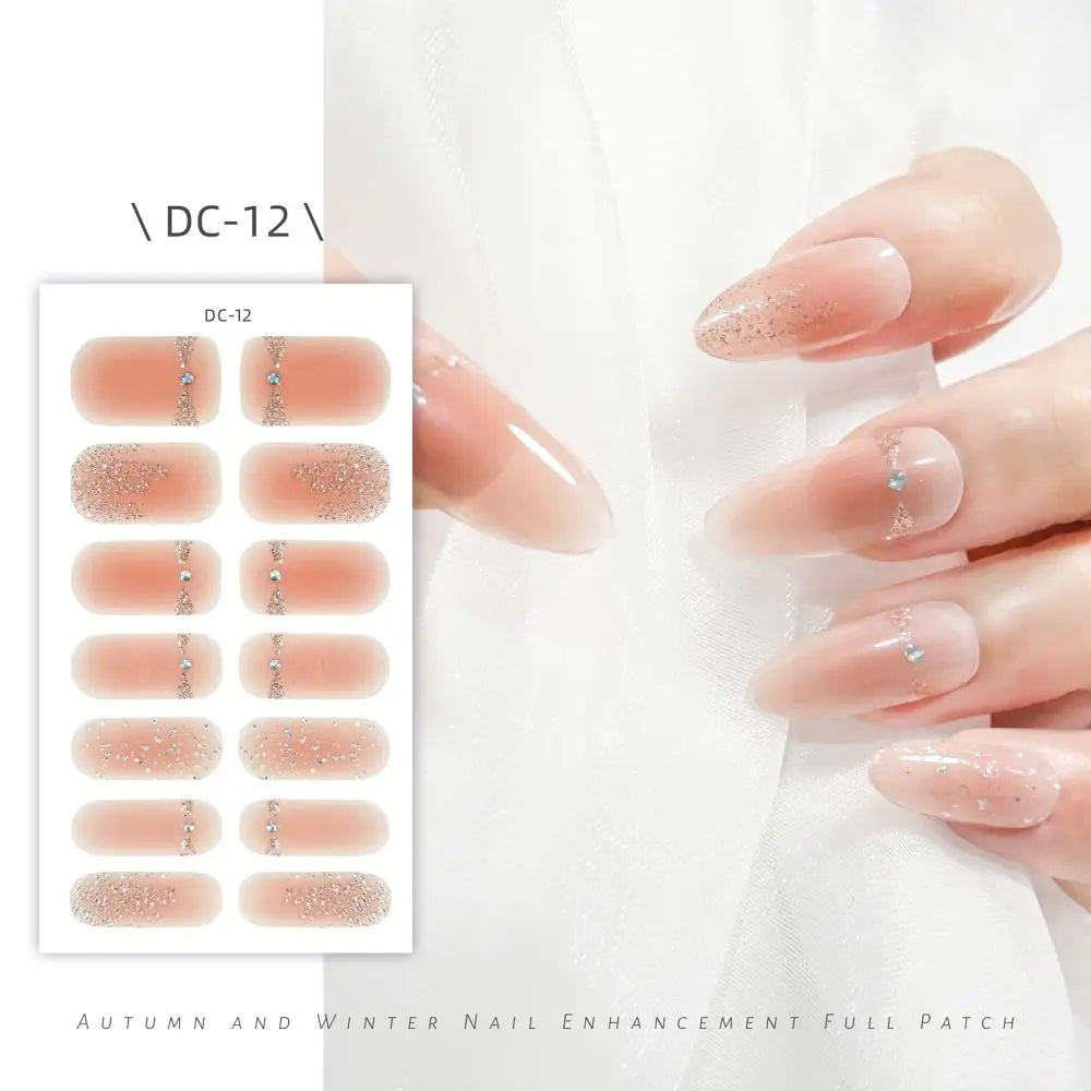 14 Strips Semi Cured Gel Nail Stickers Floristic Full Cover Gel Nail Polish Strips French Nail Art Glittering Nail Art Stickers Zpaxo DC-12