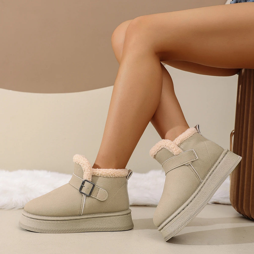 Flat Snow Boots Winter New Round Toe Deep Mouth Suede Metal Buckle Wool Protective and Non-slip Platform Warm Cotton Boots Zpaxo
