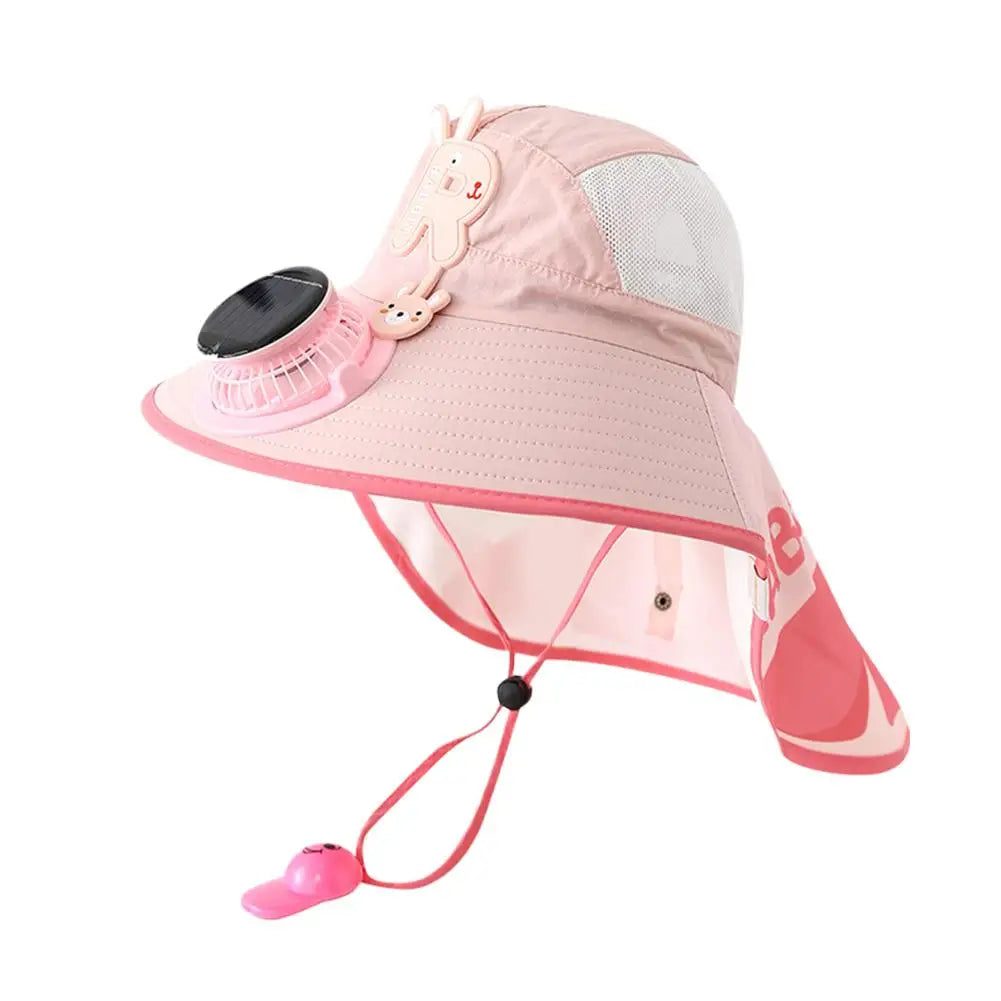 Kids Solar & USB Charging Fan Sun Hat Summer Breathable Mesh, Wide Brim UV Protection Sun Hat for Boys and Girls with Neck Cover Zpaxo Pink