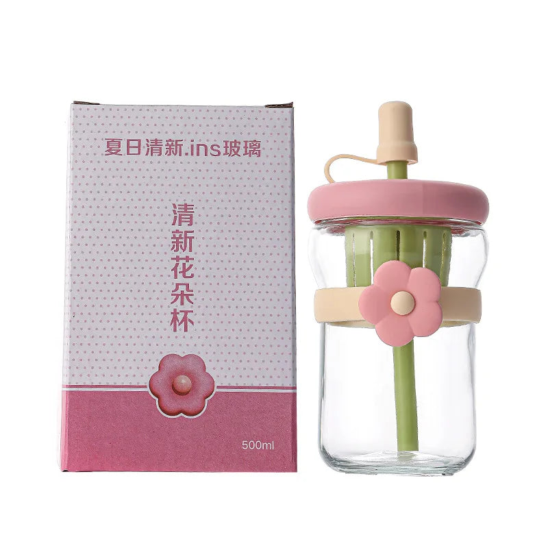 Glass Flower Cartoon Tea Strainer Cold Brew Straw Tumbler Leak-proof