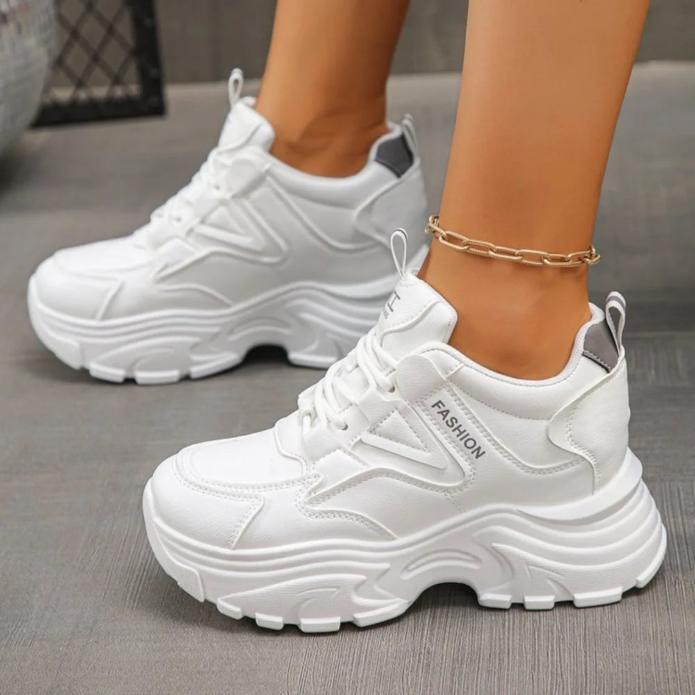 Women's Height Increasing Chunky Sneakers White Black Platform Sports