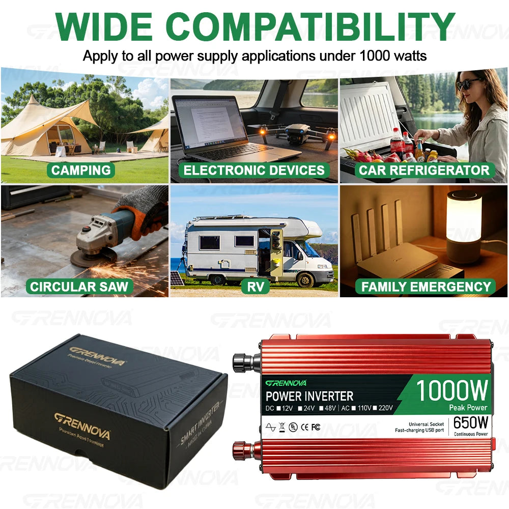Grennova 1000W True Rated Power Inverter DC 12V/24V/48V to 110V/220V AC Converter for Road Trip & Camping w/ USB & AC Outlets Zpaxo