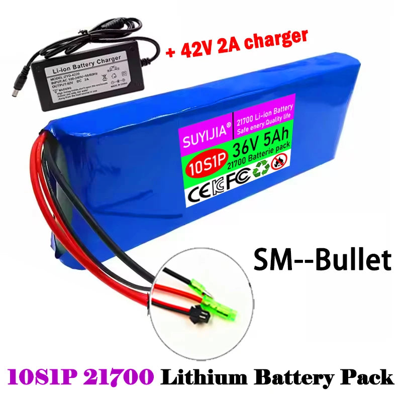 New 21700 Li-ion Battery Pack 36V 5Ah 10S1P Rechargeable Lithium-ion Battery Built-in 20A BMS for 250W-500W Electric Scooter Zpaxo SM--Bullet plug