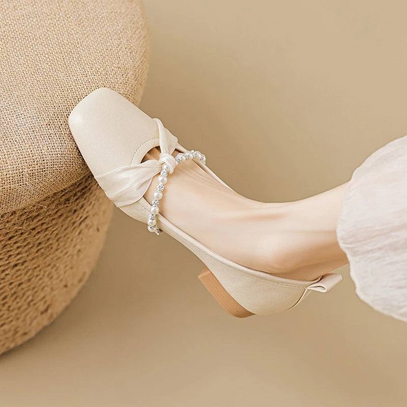 Women Chunky Heel Shoes Summer Square Toe Beaded Decor Versatile Zpaxo