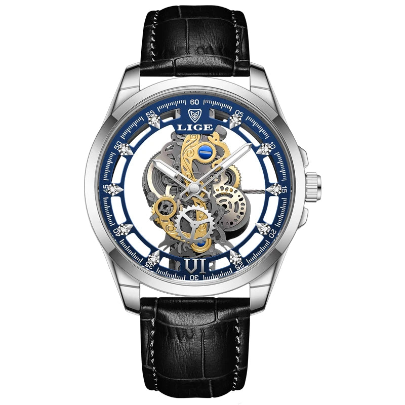 2025 LIGE Men Watch Skeleton Automatic Quartz Watch Gold Skeleton Vintage Man Watch Mens Watches Top Brand Luxury часы мужские Zpaxo Silver blue L