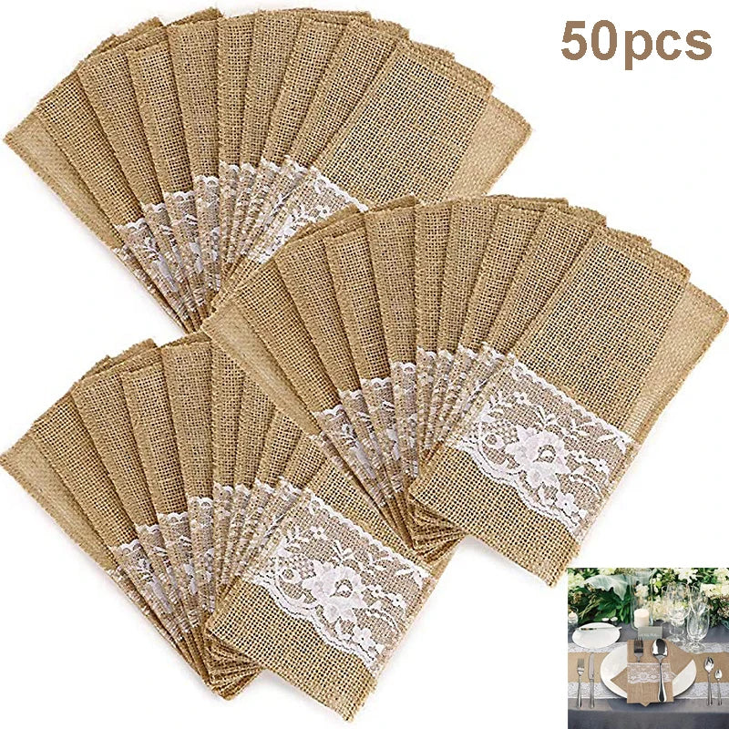 10- Burlap Lace Cutlery Pouch Party Tableware Decor Vintage Jute Zpaxo