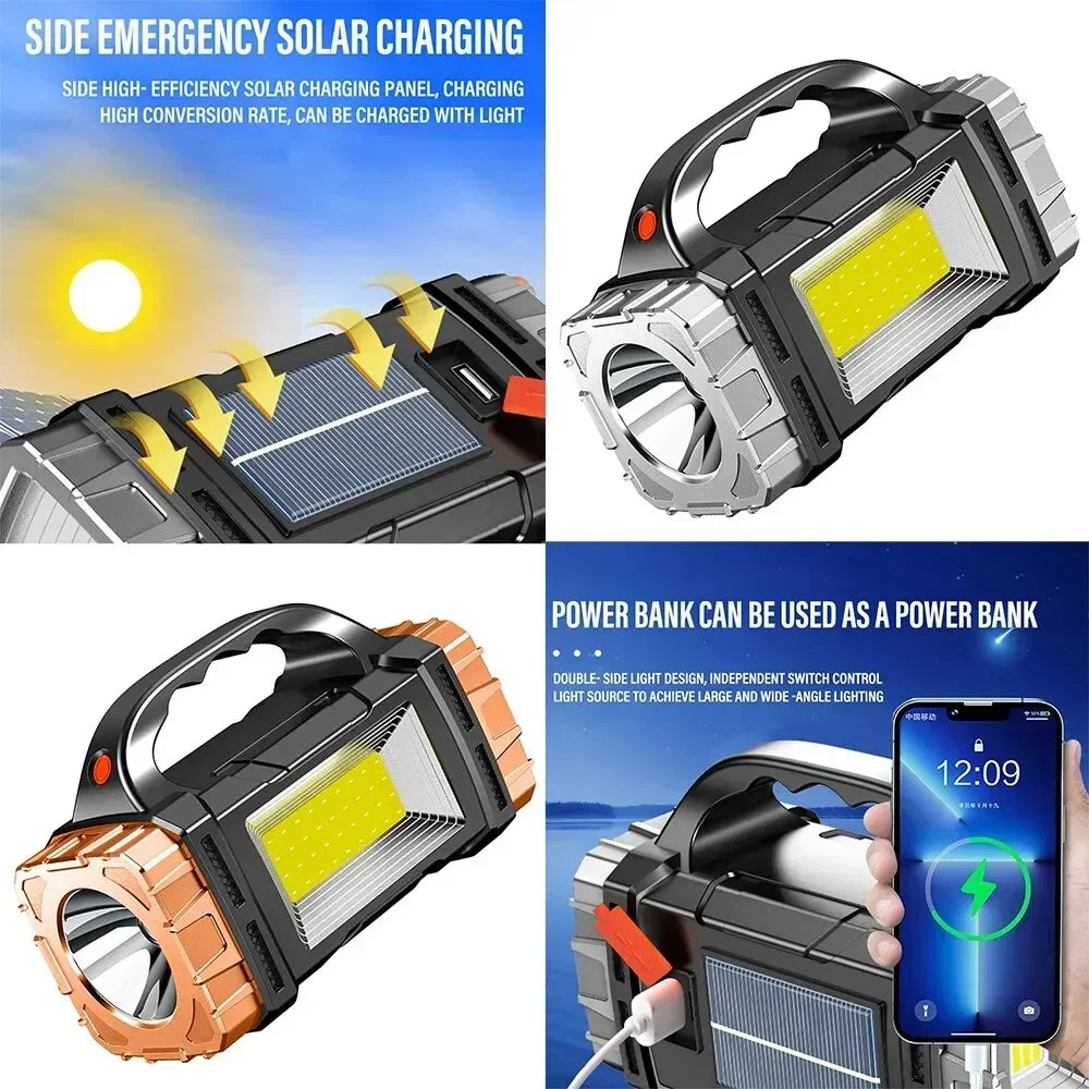 Solar USB Rechargeable LED Flashlight COB Work Light & Power Bank