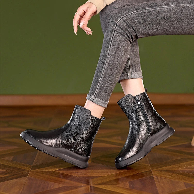 Women Leather Ankle Boots 2026 Round Toe Side Zipper Chunky Sole Zpaxo 8766 Black Velvet 41 China Mainland