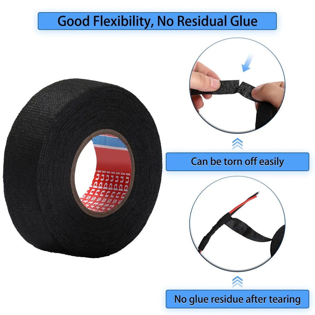 High Temperature Wire Harness Cloth Tape Automotive Cable Loom Heatproof Fabric Adhesive Tape for Engine Electrical Insulation Zpaxo BLACK 10 m 25 mm
