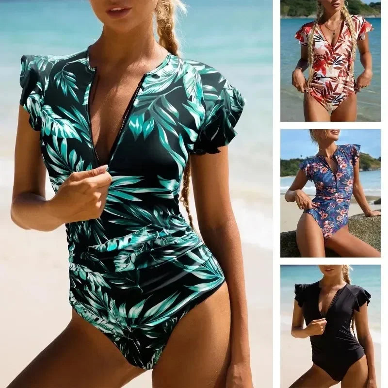 Women's One-Piece Swimsuit Short Dress | Zipper Bandeau Print