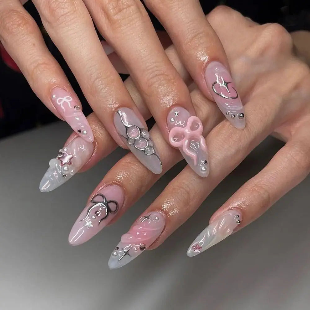 Manicure Long Almond Ballerina False Nails Flowers Glitter French Zpaxo JP3328