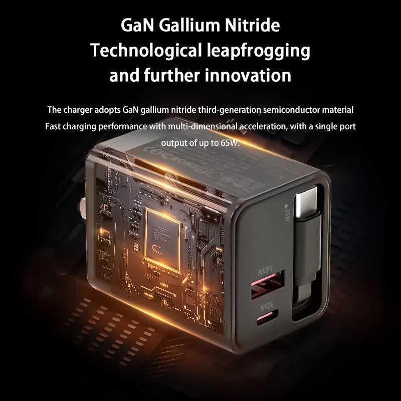 65W Gan Fast Charger USB-C Built-in Type-c Cable EU US Plug Iphone 15