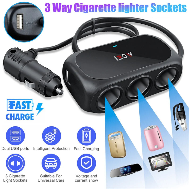 3 Socket Car Cigarette Lighter Splitter Dual USB LED Fast Charger