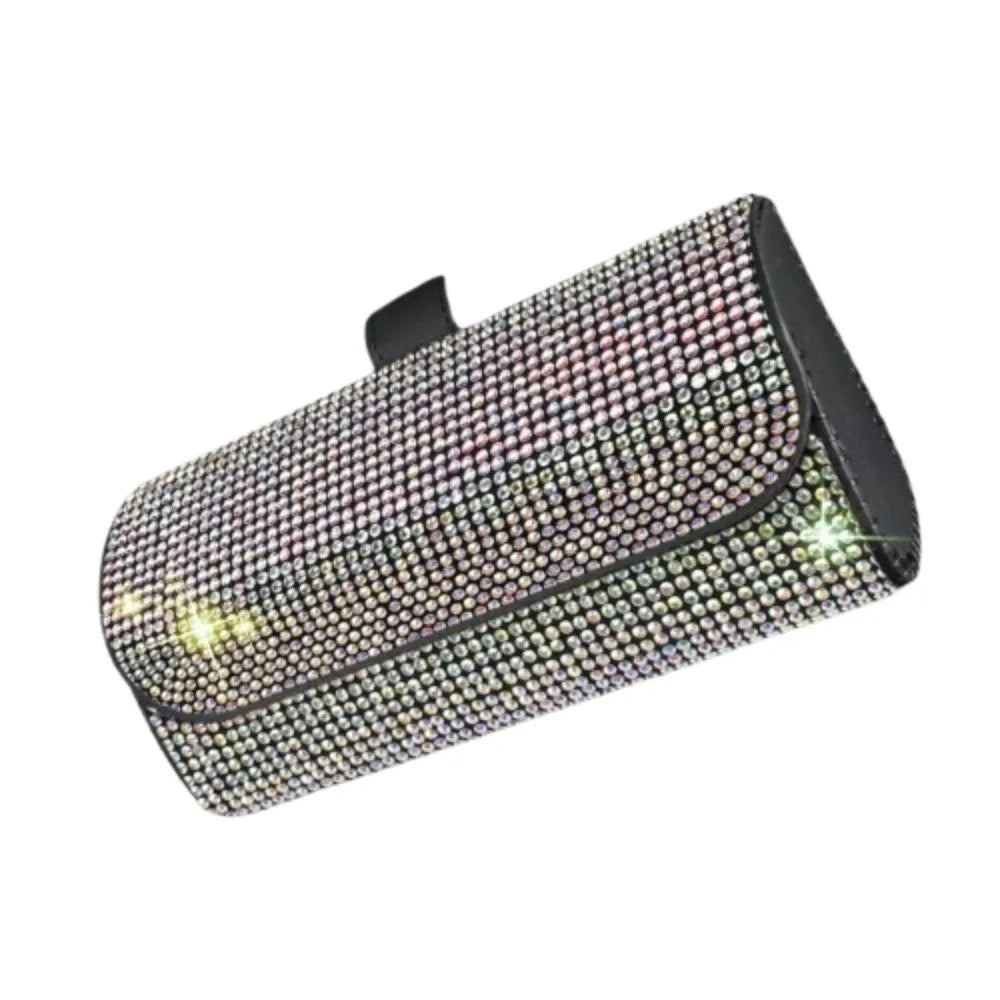 Portable Bling Sun Visor Glasses Case Rhinestone PU Leather Car Eyeglasses Holder Crystal Luxury Sunglasses Storage Box Vehicle Zpaxo Multicolor
