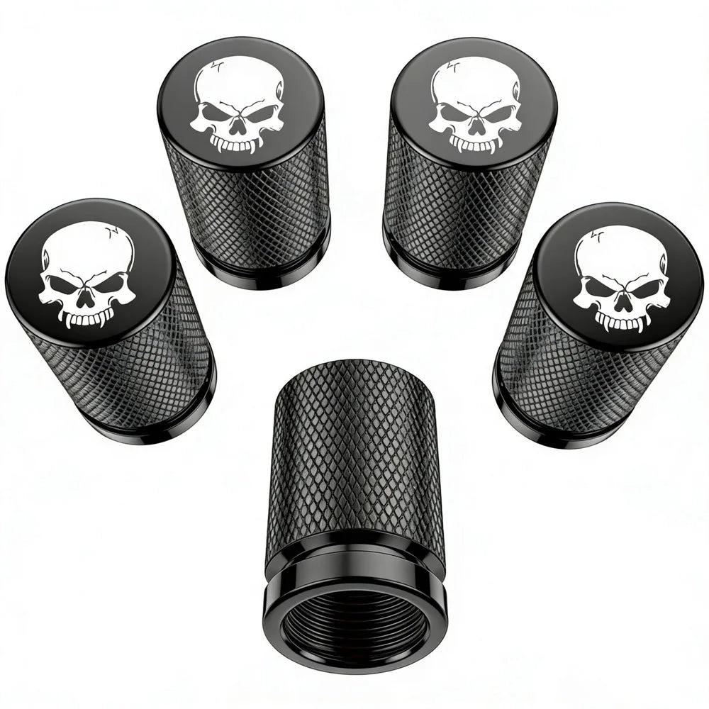 4-Pack Skull Aluminum Tire Valve Stem Caps – Universal Fit