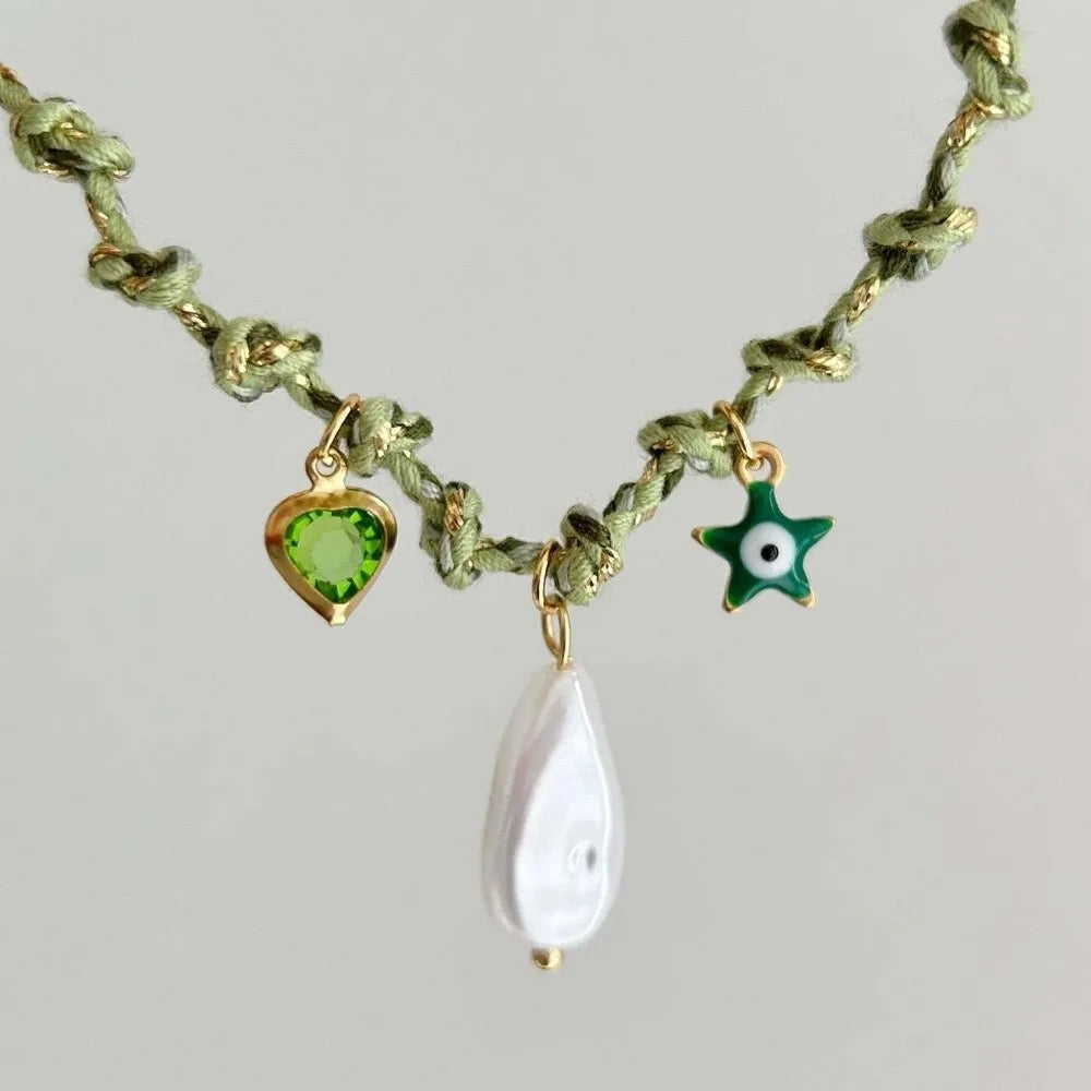 New Boho Knotting Rope Chain Necklace Starfish Sun Charm Pearl Pendant Necklace Turtle Clavicle Chain Beach Zpaxo