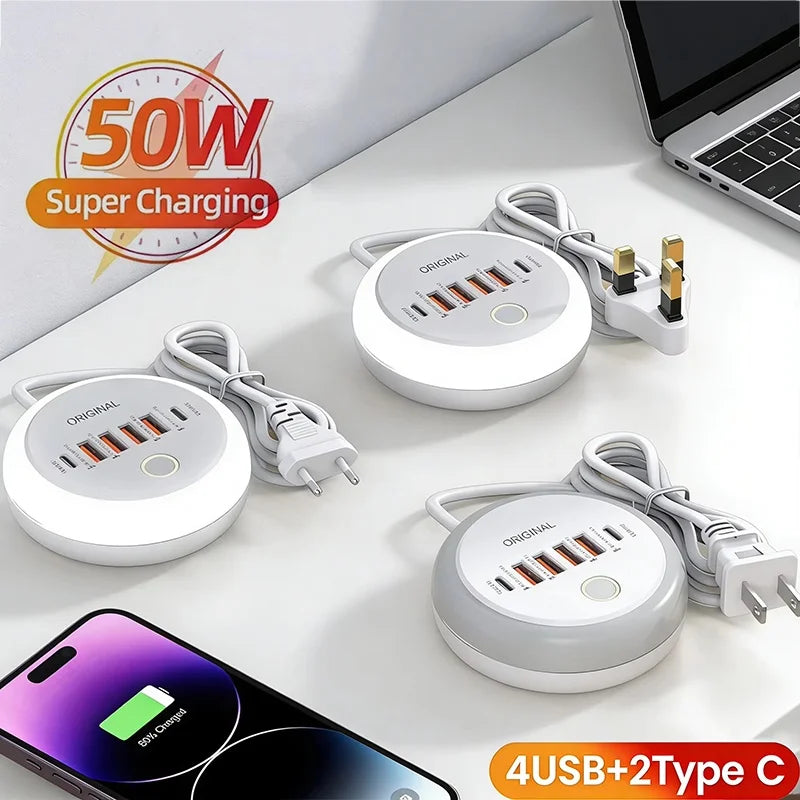 50W Power Strip Multi Port Adapter PD Type C Mobile Phone Fast Charging Travel USB Charger For iPhone Huawei Realme OnePlus OPPO Zpaxo