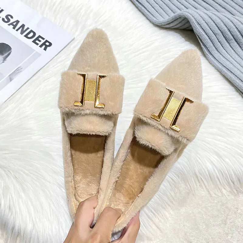 Flats Shoes for Women 2024 New Autumn Pointed Flat Mink Fur Winter Velvet Women's Loafers Ladies Shoes super big size 41 42 43 Zpaxo