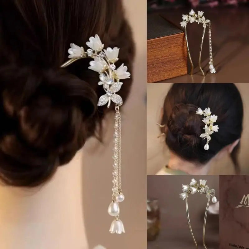 U-shaped Flower Hairpins Women Handmade Vintage Chinese Hanfu Lily Zpaxo