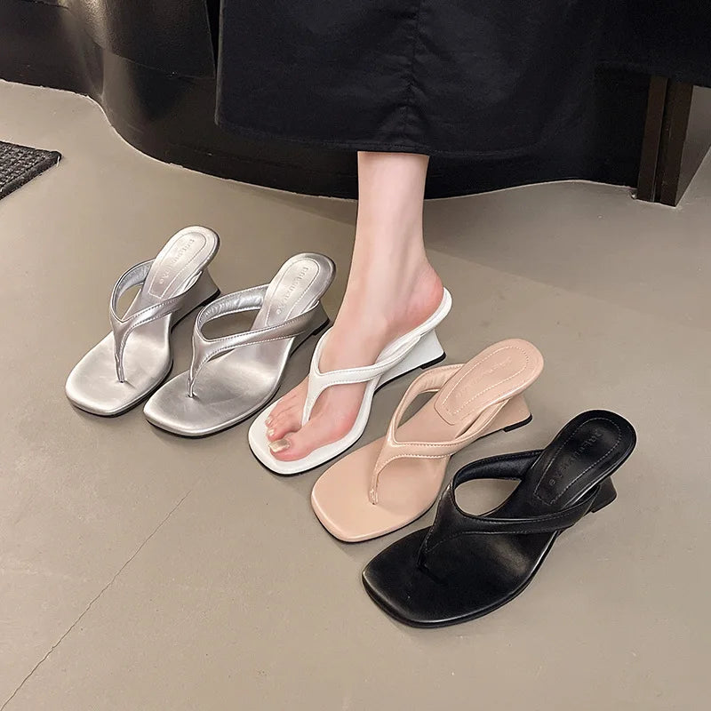 French Sandals Clip Flip-flops Fairy Shoes Summer Outwear Heightened New Simple Clip Toe Wedge Sandals Zpaxo