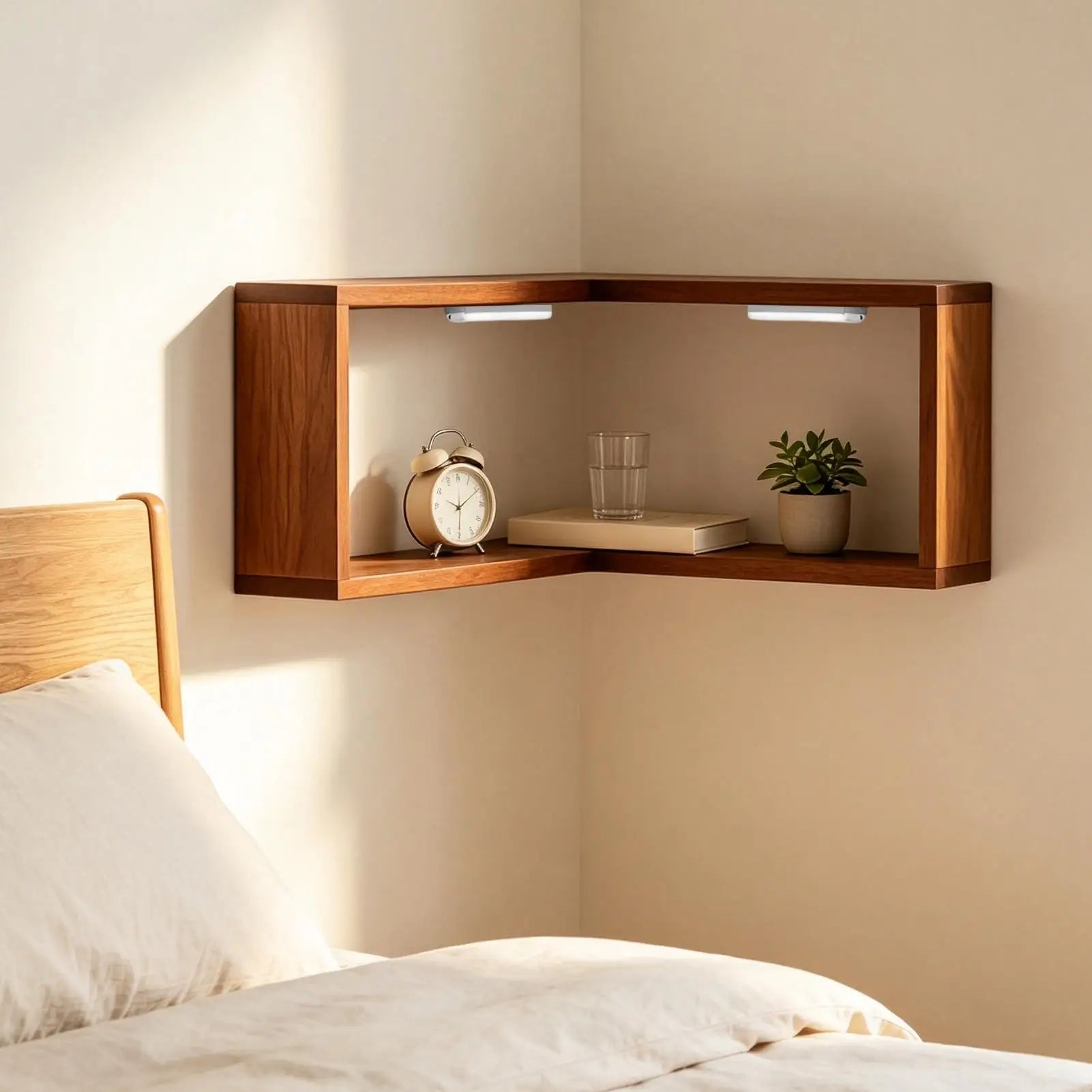 Corner Shelf L Shaped Rustic Storage Organizer LED Lights Floating