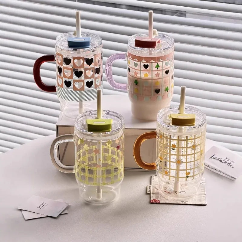 760ml Cute Large Capacity Handle Straw Cup, High Borosilicate Glass Cup, Summer Portable Double Drinking Household Handy Cup Zpaxo
