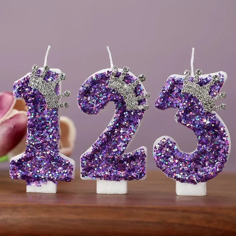 Purple Glitter Crown-shaped Number Birthday Candles Cake Decorations
