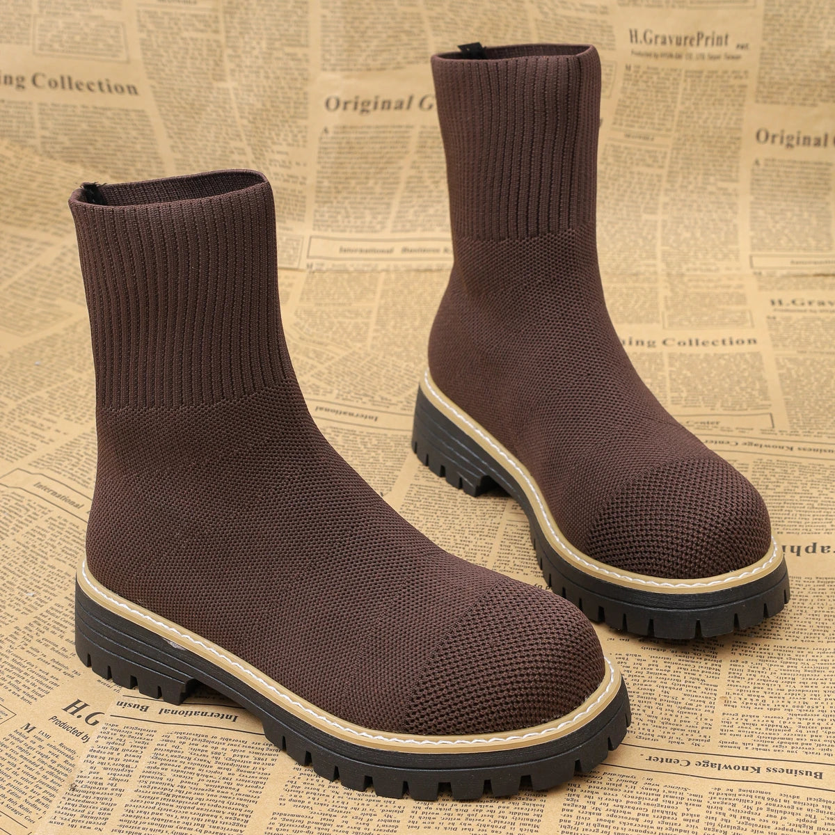 2025 New Women Boots Autumn Winter Shoes Women Designer Ankle Boots Comfortable Lightweight Shoes Short Knitting Platform Boots Zpaxo Brown 36