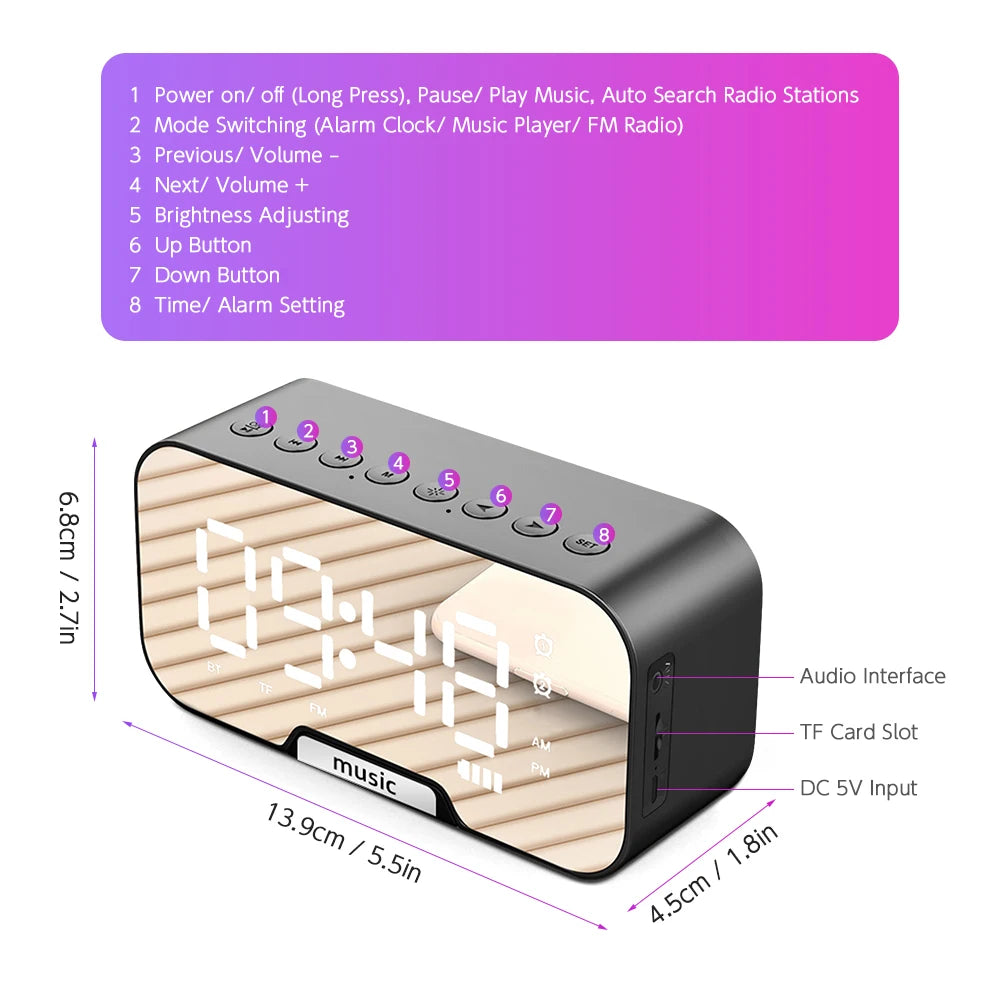 Digital Mirror Surface Alarm Clock Desktop Portable BT Speaker & FM Radio Rechargeable Support TF Card for Home Office Travel Zpaxo