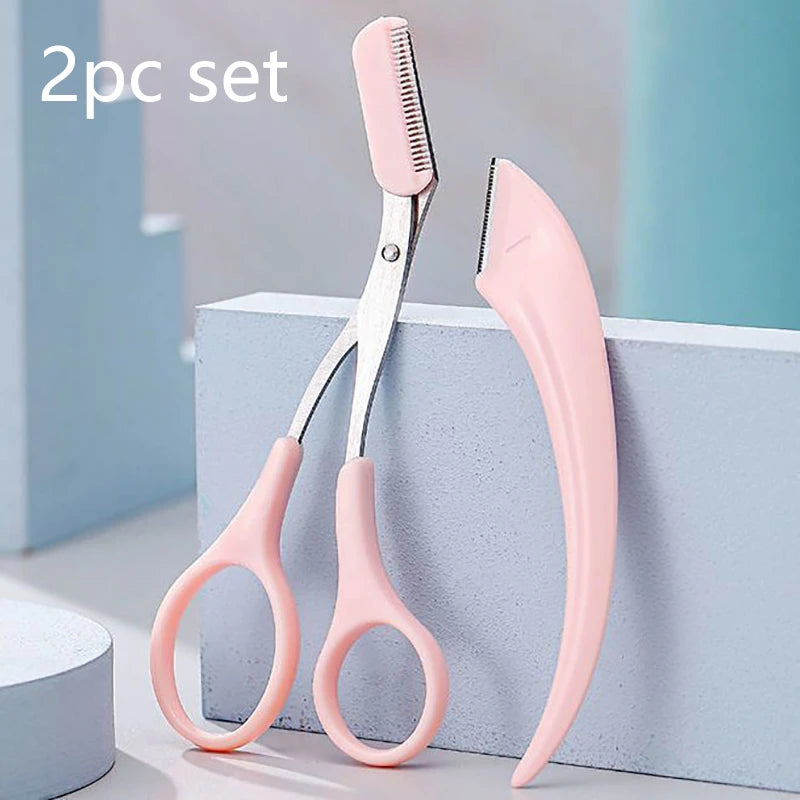 Eyebrow Razor Eyebrow Trimmer Scissor Beauty Products for Women Eyebrow Scissors with Comb Stainless Steel Beauty Makeup Tools Zpaxo Pink set
