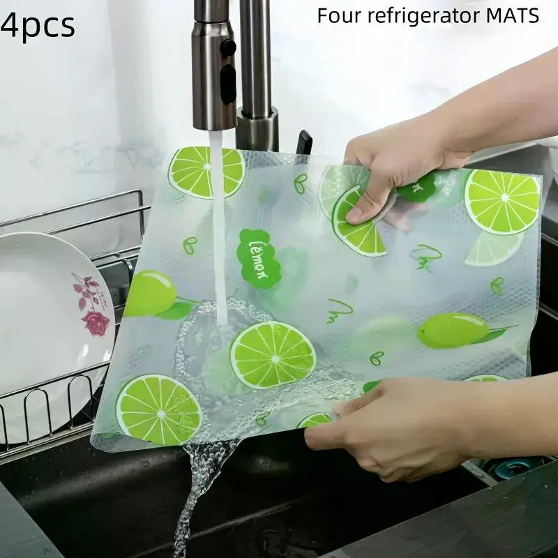 Moisture-Proof Non-Slip Washable Reusable EVA Material Novel Lemon Pattern Waterproof Refrigerator Liner Set 4Pcs Zpaxo