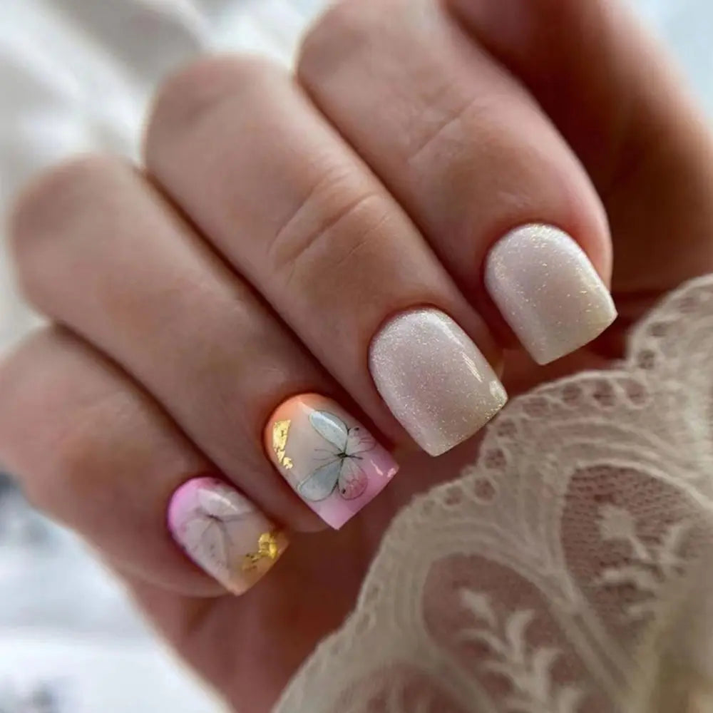 Short Round False Nails French Bear Glitter Butterfly Full Cover Zpaxo