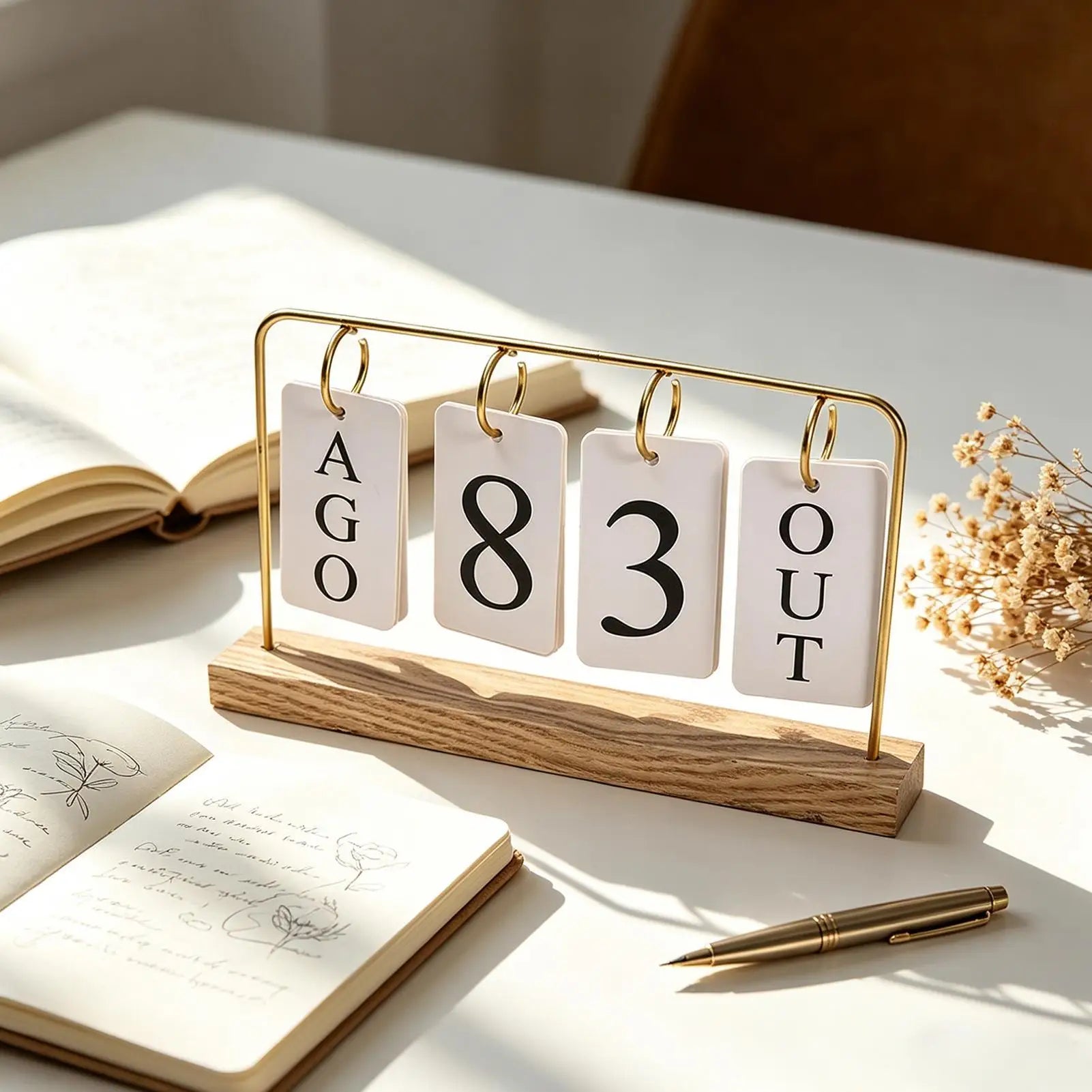 Wooden Perpetual Calendar Modern Metal Standing Base Daily Desk Home